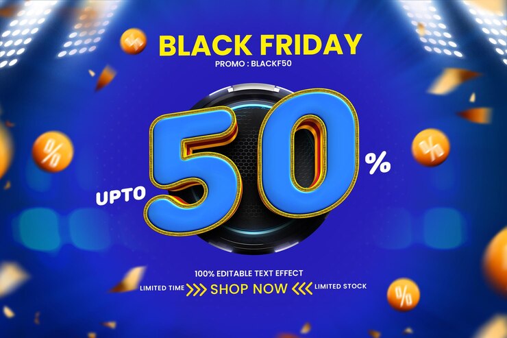 PSD gratuito banner de promoción de la oferta del viernes negro 50 con efecto de texto editable