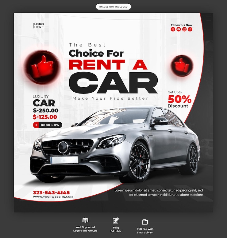 PSD gratuito banner de redes sociales de alquiler de automóviles y automóviles o plantilla de publicación en instagram