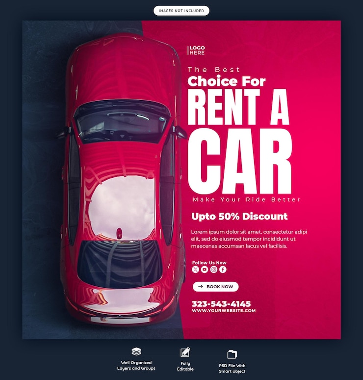 PSD gratuito banner de redes sociales de alquiler de automóviles y automóviles o plantilla de publicación en instagram