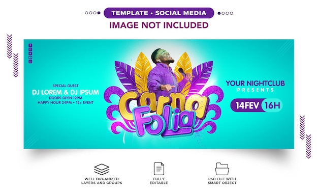 Banner de redes sociales carna folia para eventos de carnaval.