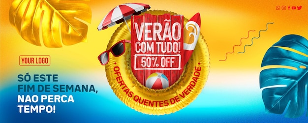 Banner de redes sociales de verano con todo con hasta 50 de descuento en brasil