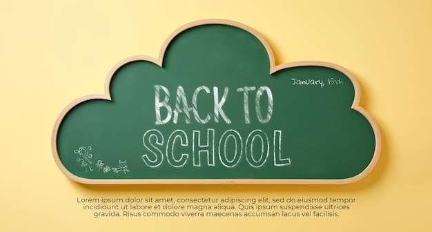 PSD gratuito banner de regreso a la escuela con texto en tablero verde en forma de nube