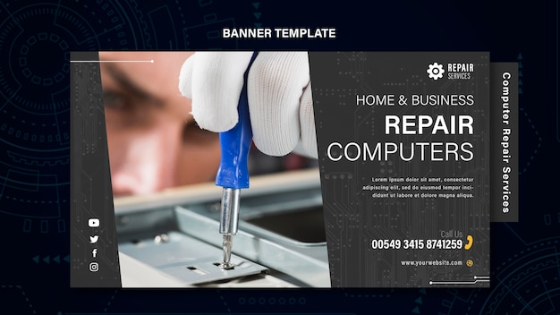 PSD gratuito banner de servicios de reparación de computadoras y teléfonos.