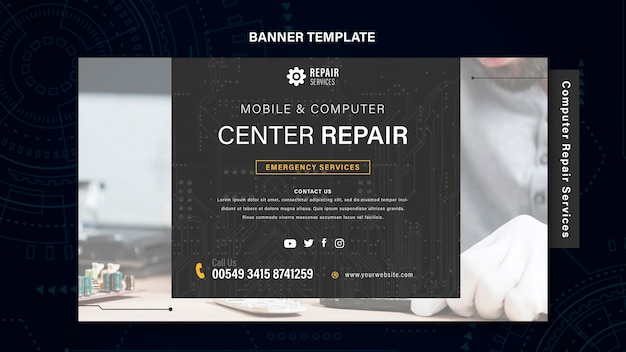 Banner de servicios de reparación de computadoras y teléfonos.