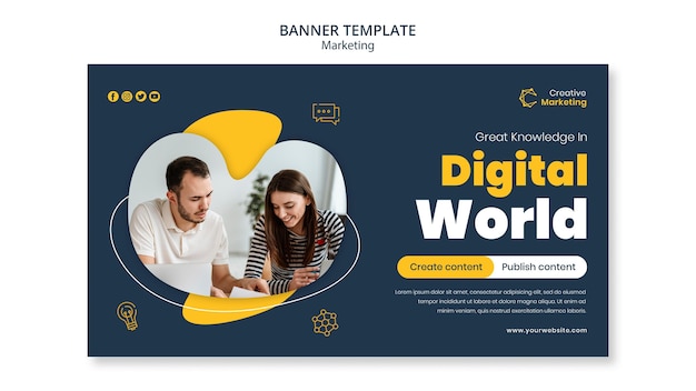 Gratis PSD banner sjabloonontwerp met digitale wereld