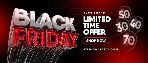 Banner de viernes negro en render 3d realista para oferta de diseño de plantilla de composición de marketing