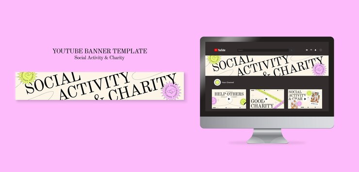 PSD gratuito banner de youtube de actividad social y caridad de diseño plano.