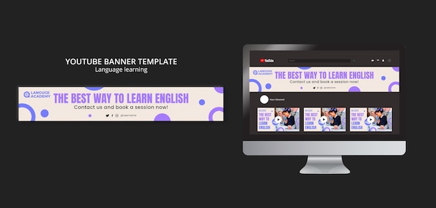 Banner de youtube de aprendizaje de idiomas de diseño plano