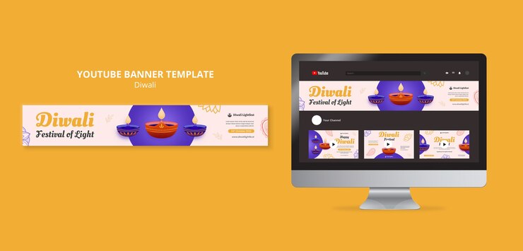 PSD gratuito banner de youtube de celebración de diwali de diseño plano
