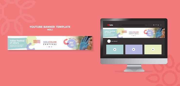 PSD gratuito banner de youtube de celebración del festival holi
