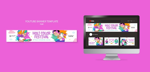 PSD gratuito banner de youtube de celebración del festival holi