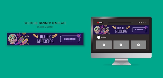 PSD gratuito banner de youtube de dia de muertos dibujado a mano