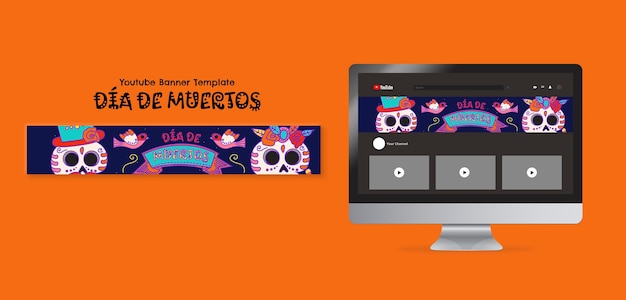 PSD gratuito banner de youtube de dia de muertos dibujado a mano