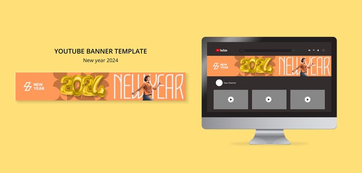 PSD gratuito banner de youtube de diseño plano año nuevo 2024
