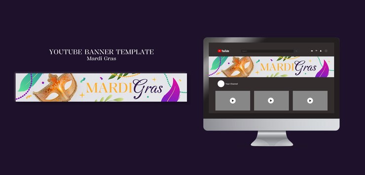 PSD gratuito banner de youtube de diseño plano para el mardi gras