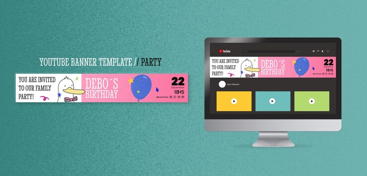 PSD gratuito banner youtube divertente per feste disegnate a mano