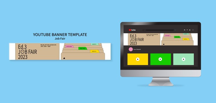 PSD gratuito banner de youtube de la feria de trabajo de diseño plano