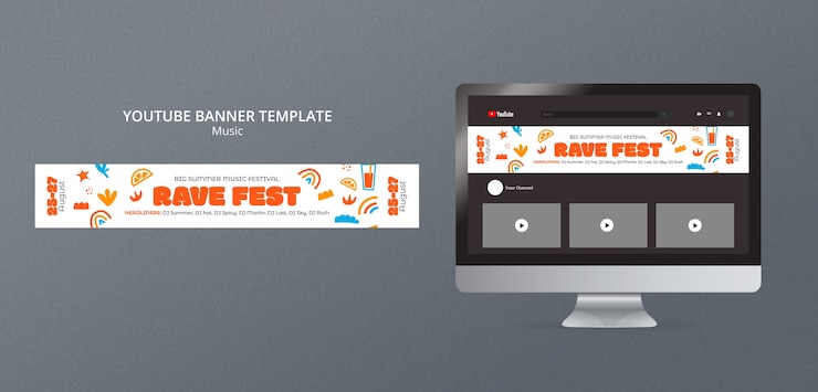 PSD gratuito banner de youtube de festival de música de diseño plano