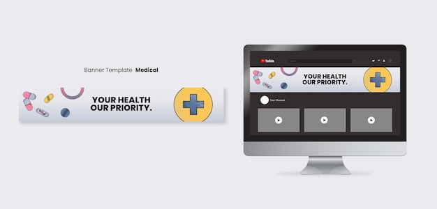 PSD gratuito banner de youtube de salud médica dibujado a mano