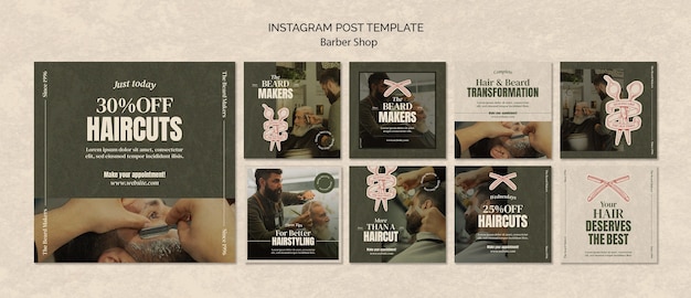 Gratis PSD barbershop instagram posts collectie met korrelige retro textuur