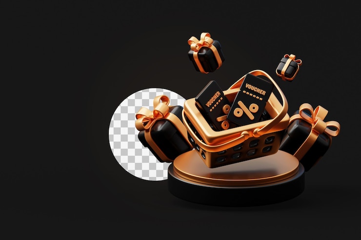 PSD gratuito basket d'acquisto dorato con scatole regalo e buoni di vendita concept promozionale sfondo 3d