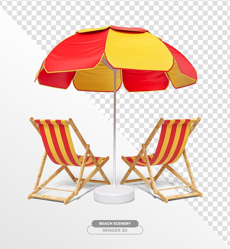 PSD Gratis beach chairs with umbrella in realistic 3d render with transparent background