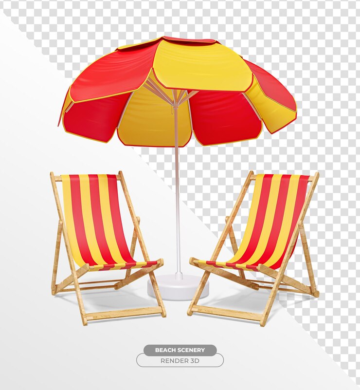 PSD Gratis beach chairs with umbrella in realistic 3d render with transparent background