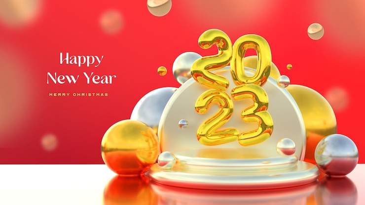 PSD Gratis beautiful and realistic happy new year 2023 podium banner template with golden 3d elements