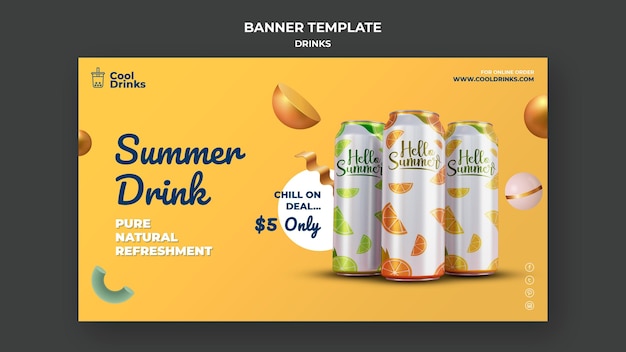 PSD gratuito bebidas de verano refresco puro latas de colores banner.