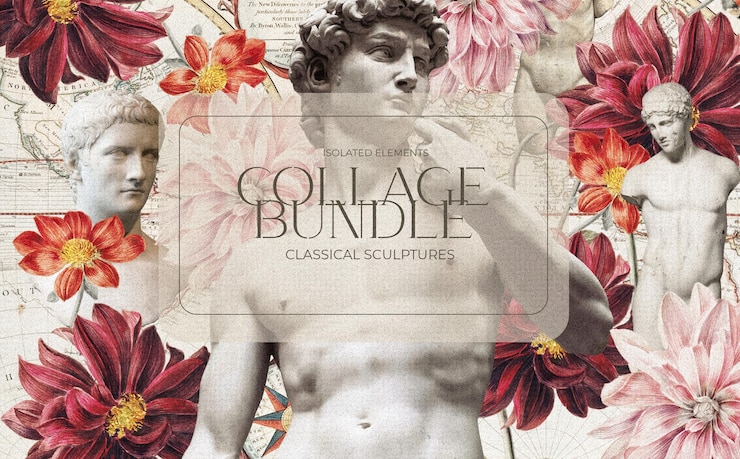 PSD gratuito bella composizione di collage con sculture e fiori d'epoca