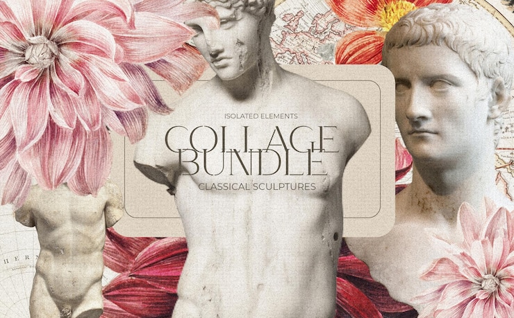 PSD gratuito bella composizione di collage con sculture e fiori d'epoca