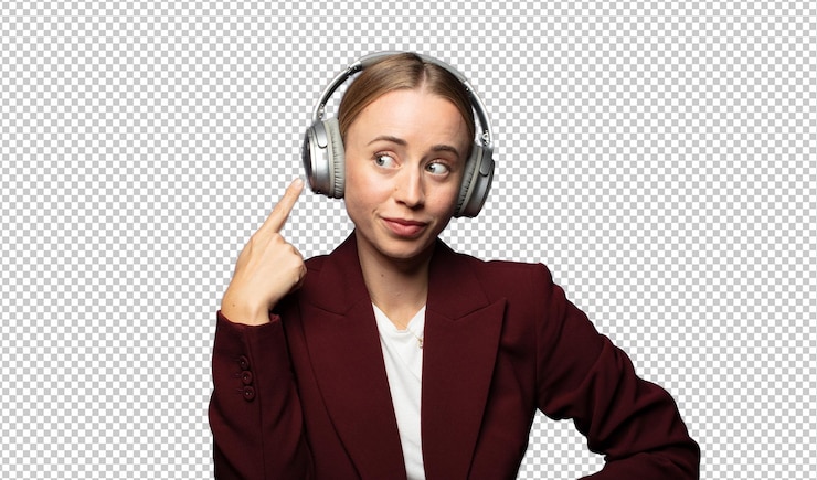 PSD gratuito bella donna d'affari che usa le cuffie