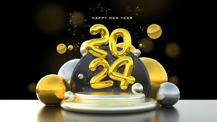 PSD gratuito bellissimo e realistico modello di banner per l'anno nuovo 2024 con elementi 3d