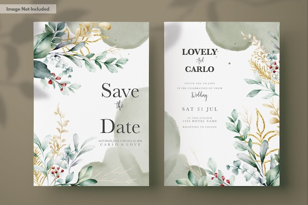 Biglietto d'invito al matrimonio ad acquerello in eleganti foglie verdi