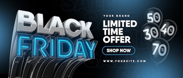 Black friday banner in realistische 3d render voor marketing samenstelling sjabloonontwerp aanbieding