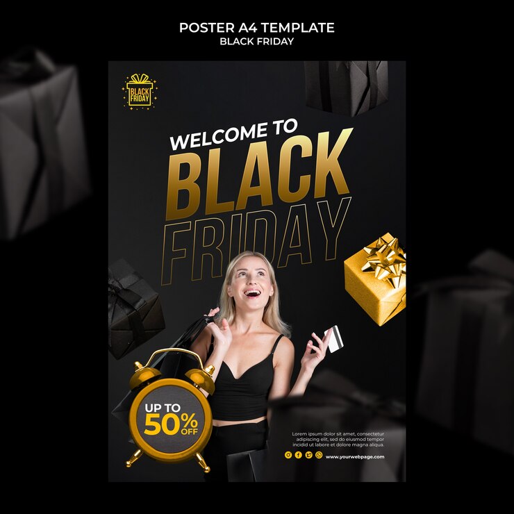 PSD Gratis black friday print template with golden details