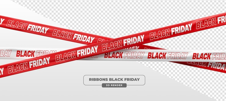 Gratis PSD black friday red and white promotional ribbons en tapes in 3d render in doorzichtige achtergrond