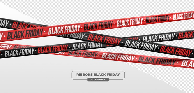 Gratis PSD black friday red en black promotional ribbons en tapes in 3d render in transparante achtergrond
