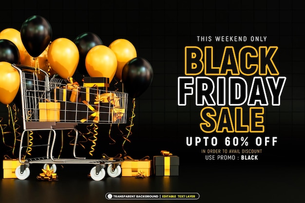 Gratis PSD black friday sale banner sjabloon met 3d cadeau doos en ballonnen