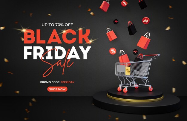 Black Friday Sale Banner Template con borsa dello shopping 3D e carrello della spesa