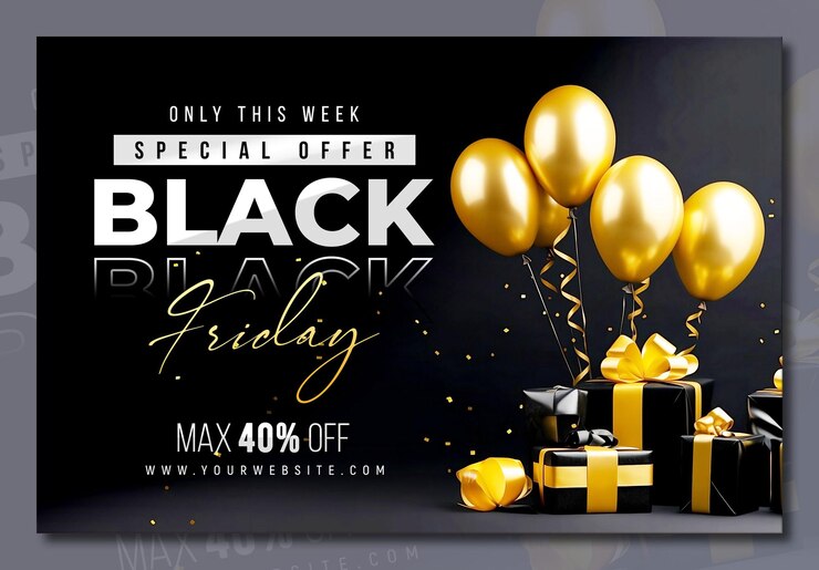 PSD gratuito black friday sale banner template con regali 3d e palloncini