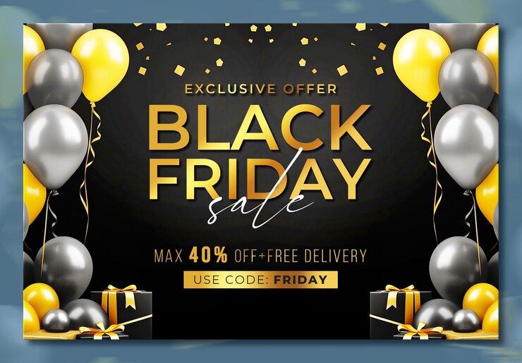 PSD gratuito black friday sale banner template con regali 3d e palloncini