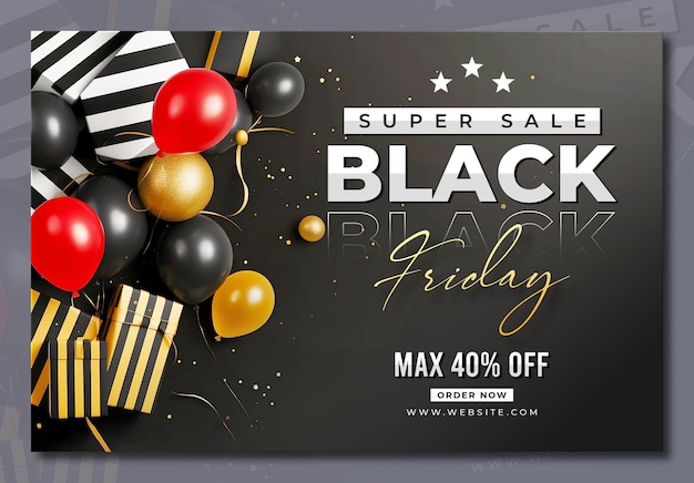 Gratis PSD black friday sale banner template met 3d geschenken en ballonnen