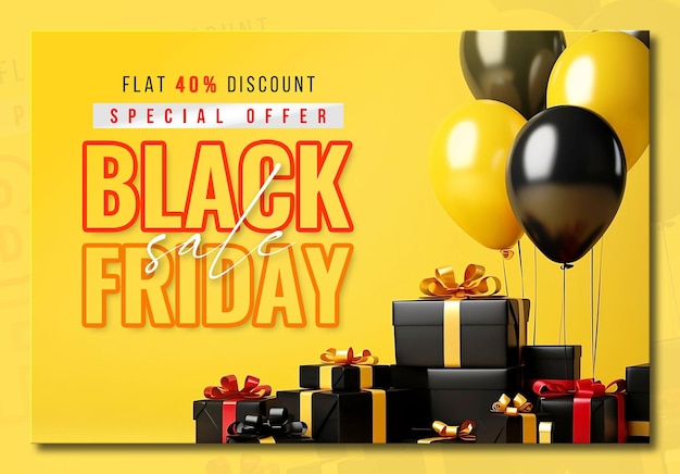 Black Friday Sale Banner Template met 3D geschenken en ballonnen