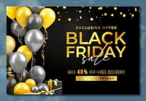 Gratis PSD black friday sale banner template met 3d geschenken en ballonnen