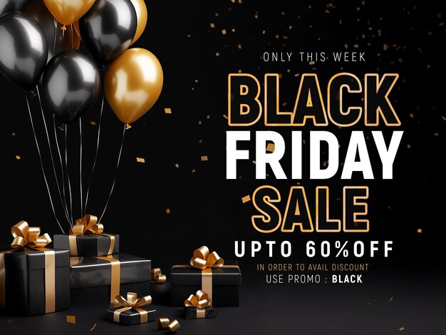 Gratis PSD black friday sale social media banner ontwerpsjabloon met realistische ballonnen en geschenkdoos