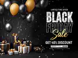 Gratis PSD black friday sale social media banner ontwerpsjabloon met realistische ballonnen en geschenkdoos