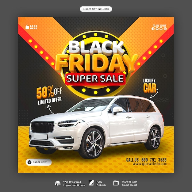 Black friday-sjabloon voor sociale media-banner voor auto's en auto's met 3d-renderlabel