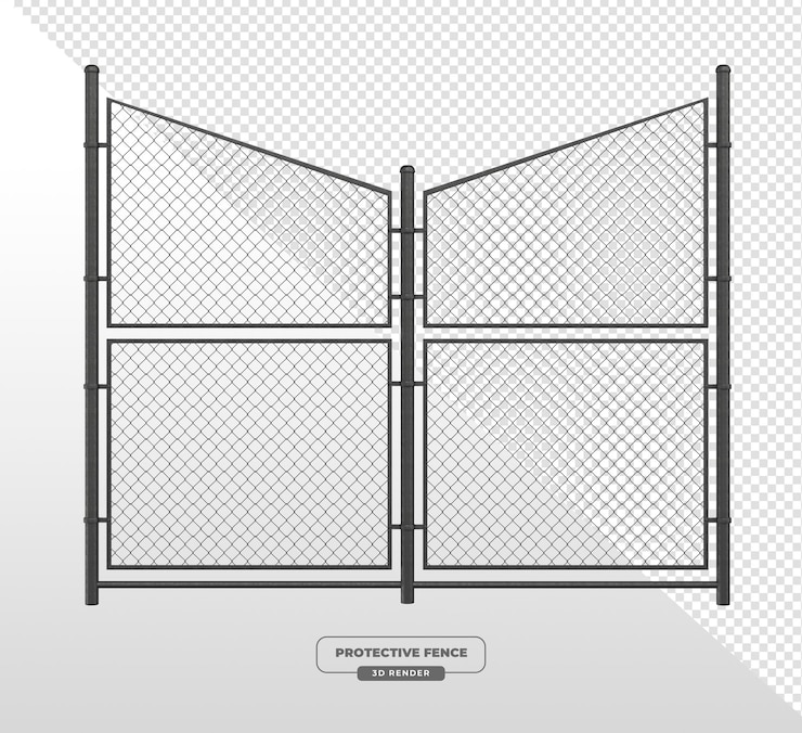 PSD Gratis black sloped top chain link fence gate with metal frame 3d render