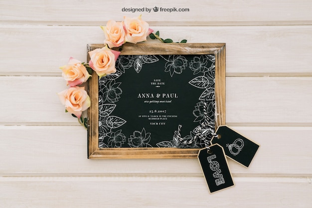 Gratis PSD blackboard mock up met bloemen en labels